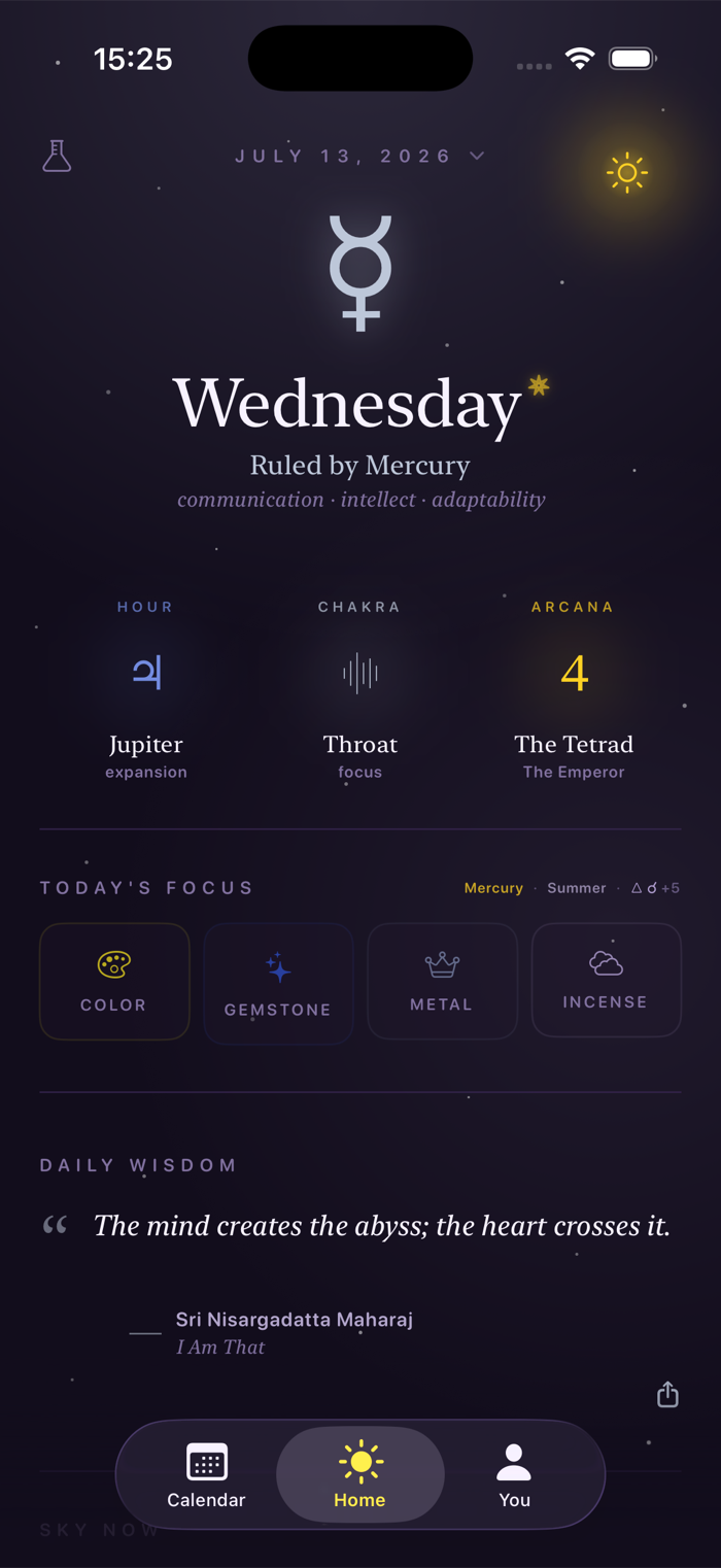 Caldera Astro — the daily home screen showing the planetary ruler of the day